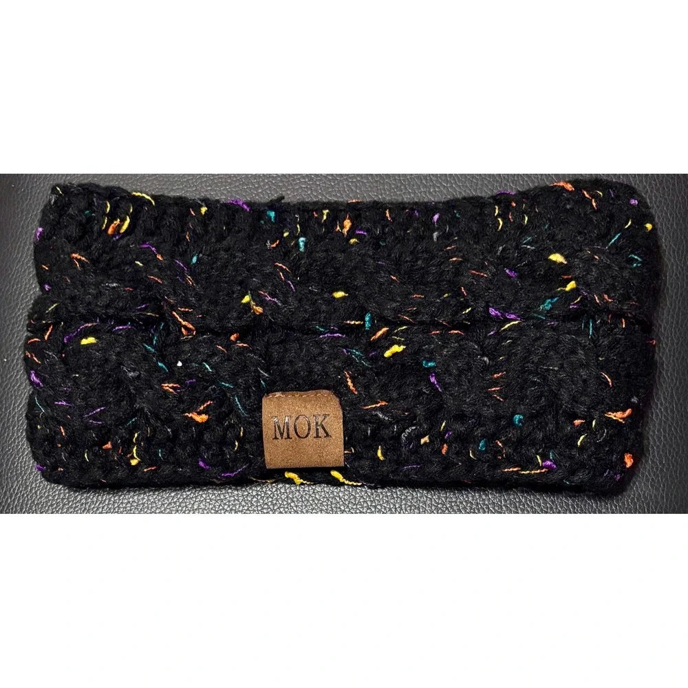 MOK Cable Knit Headband Women OS Black Multi Confetti Excellent Fleece Lined‎